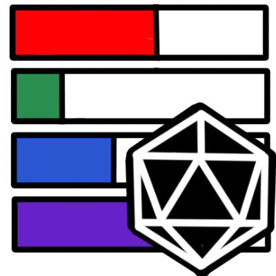 a black and white D20 shape with four horizontal bars behind it. the bars are partly filled with color, each bar a different color, and partly white.